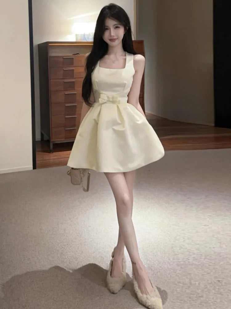 Dresses Sweet Square Collar Bow Sleeveless Slim Ball Gown Mini Dress Temperament Spring