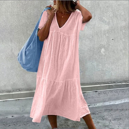 Color Cotton Linen Midi Dresses V-neck Short Sleeves Loose Dress Simple Style Lady Commuting Vestidos