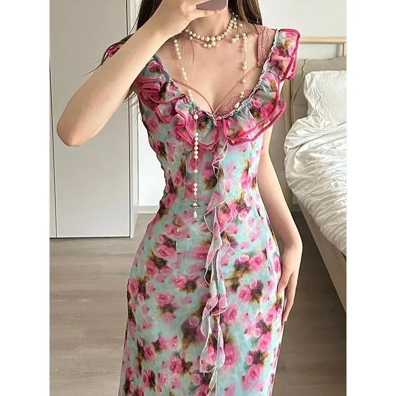 French Vneck Ruffle Dress for Summer New Unique Evening Party Dresses Vacation Style Waist Long Dress