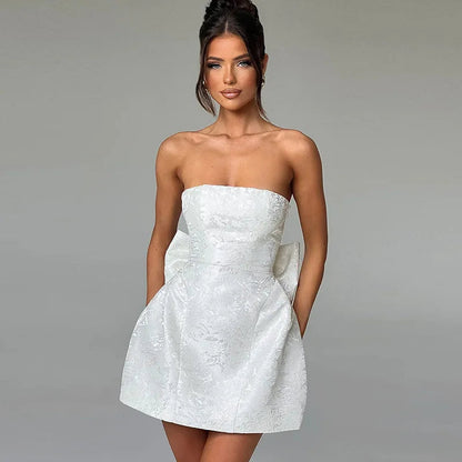 Jacquard Bow Strapless Backless Mini Dress