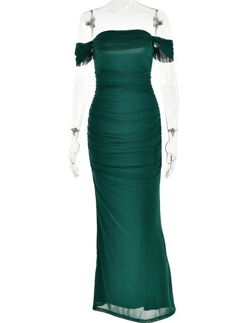 One Line Neck Mesh Pleated Dress Bodycon Backless Party Club Evening Vestidos Slim Maxi Long Dress