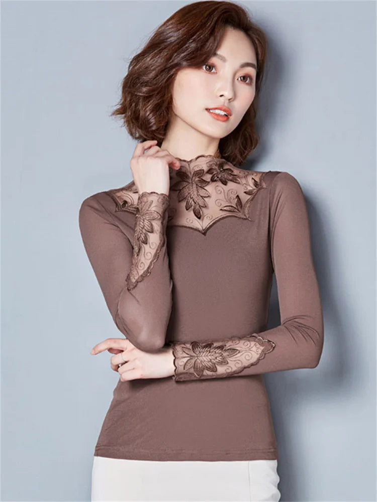 Hollow Out Spring Autumn Style Lace Blouses Shirts Long Sleeve Patchwork Spliced Turtleneck Blusas Tops Df1491