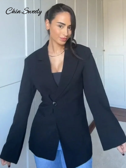 Metal Button Blazer Suit Slim V Neck Long Sleeve Fake Pocket Jacket Autumn Shoulder Pads Office Lady Outwear