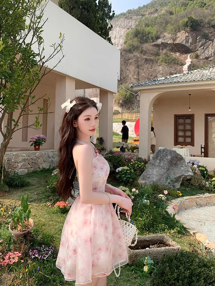 Halterneck Dress for Korean Pink Rose Chiffon Clothing New Summer Party Korean Long Dresses.