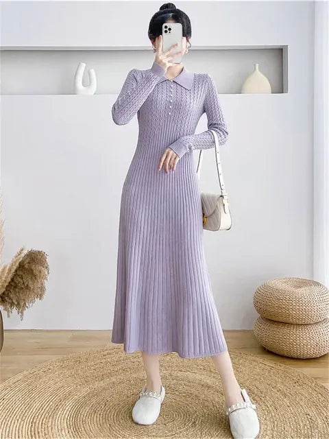 Ribbed Autumn Knit Long Dress for High Waist Long Sleeve Dress Lapel Loose Knitwear Maxi Dress