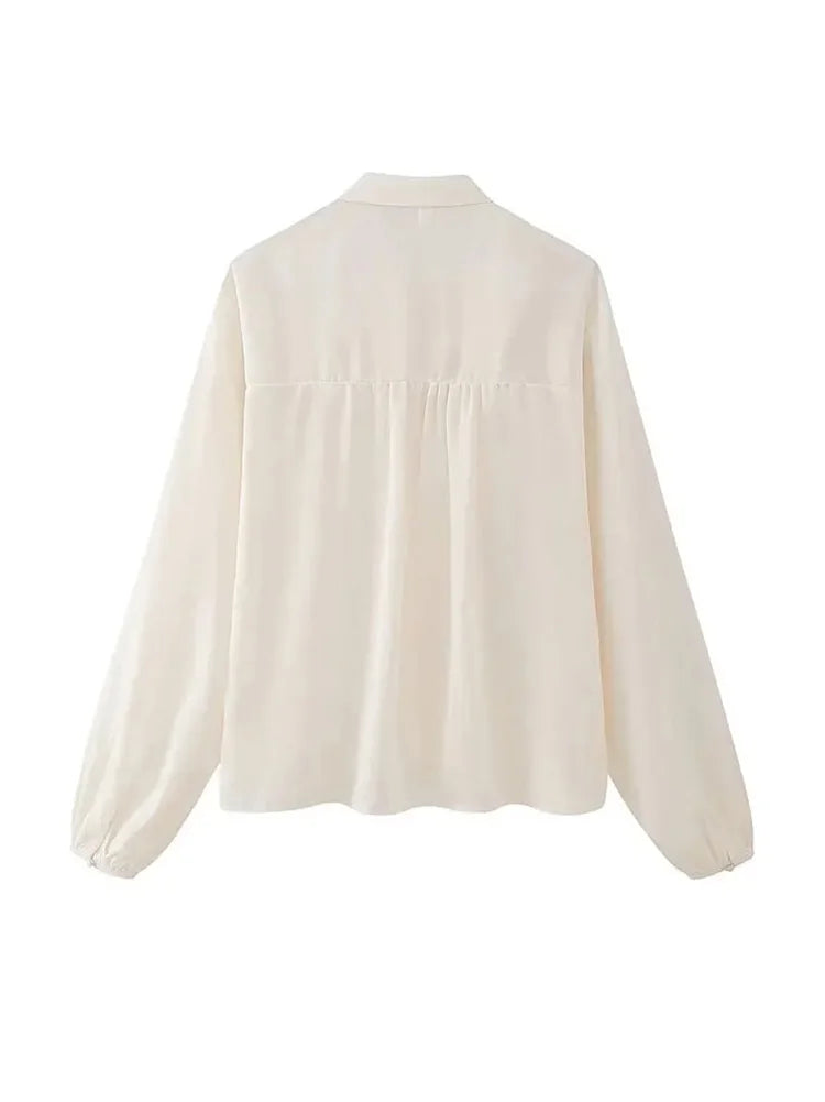 Bow Laceup Blouse Loose Singlebreasted Long Sleeve Shirts Office Lady Summer Commuter Tops