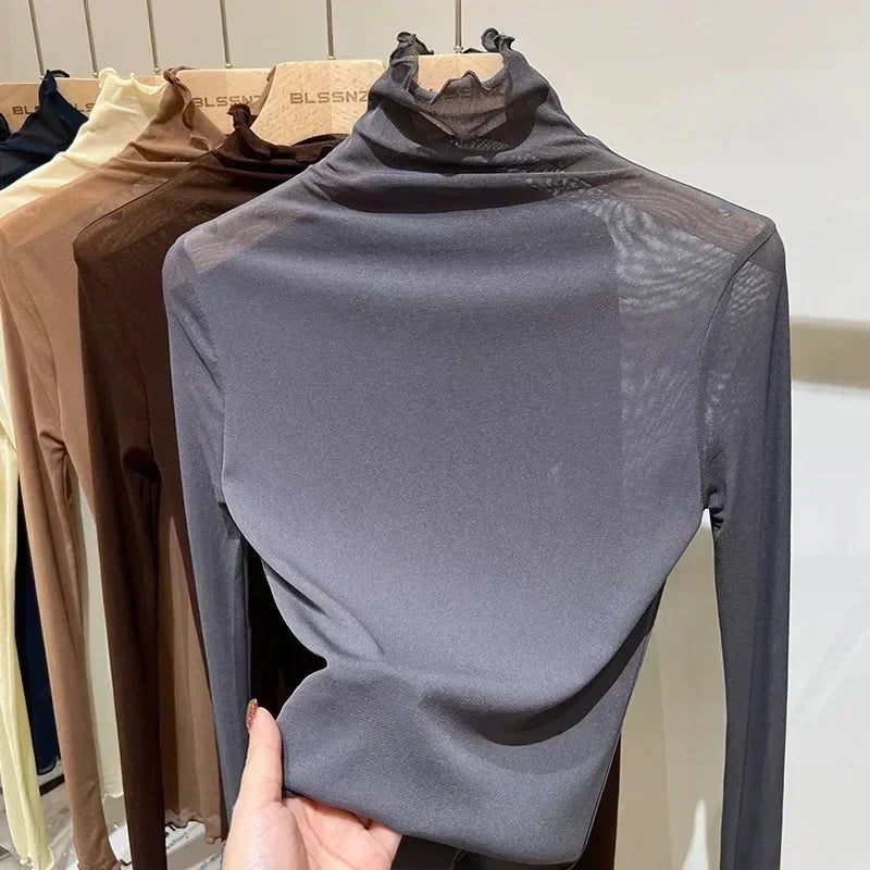 Spring Summer Long Sleeve Black Mesh Top Blouses Transparent Punk Clubwear Shirt Tees Beach Tops Bottom Tops