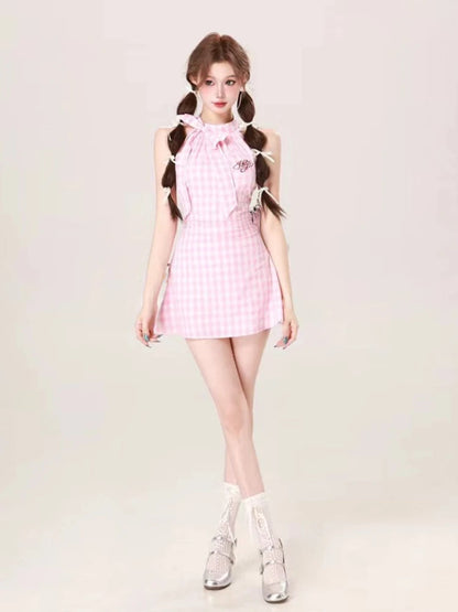 Summer Causal Sweet Plaid Mini Dress French Slim Party Dress Japanese Style Kawaii One Piece Dress