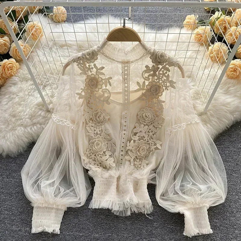 French Blouse Temperament Sweet Ruffles Loose Tops Spring Long Sleeve White Shirts