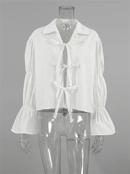 Chiffon Lace-up Hollow Out Shirts ’s Lapel Patchwork Bandage Long Sleeve Blouse Top Female White Outwear