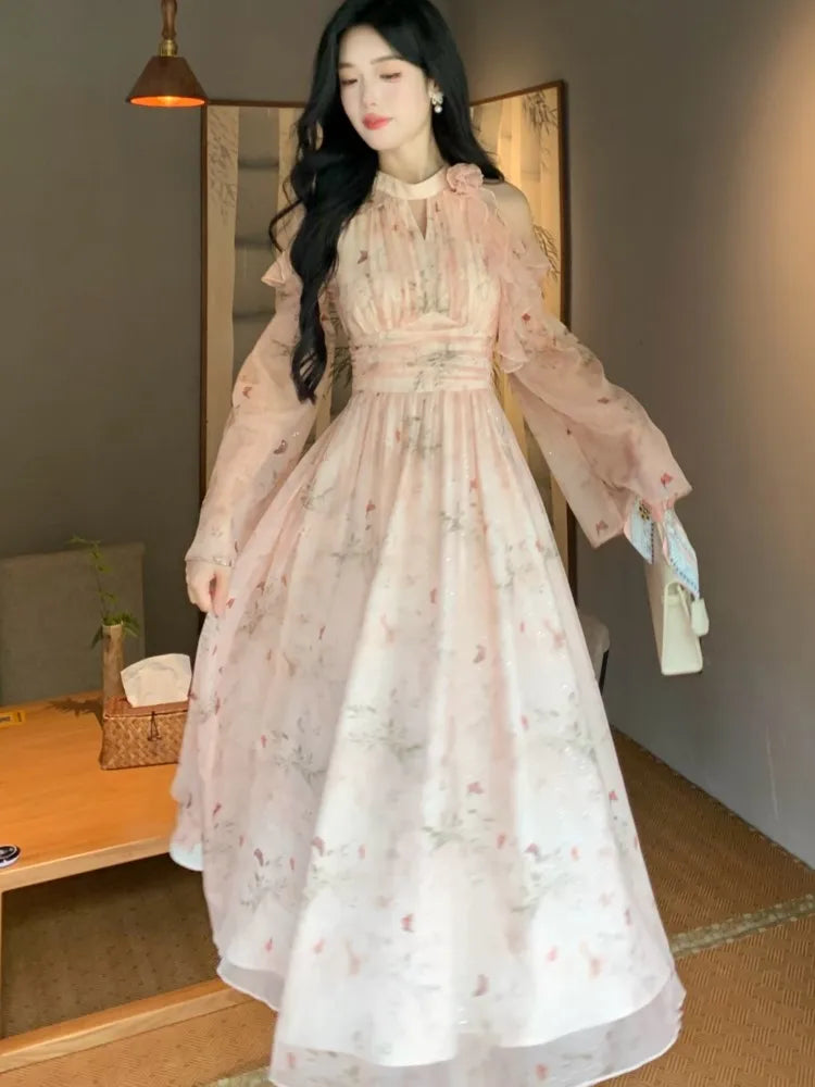 French Printed Midi Dress Autumn Off Shoulder Oneck Long Sleeve Slim Clothing Evening Party Mujer