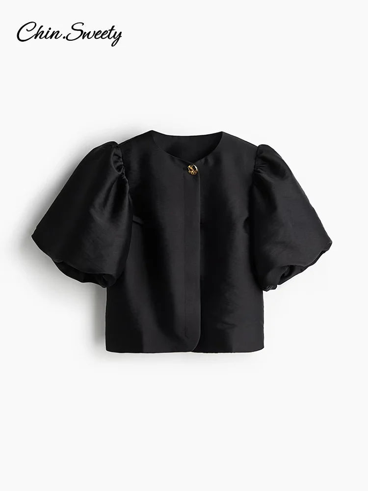 Leopard Puff Sleeve Shirts Blouses Summer O-neck Loose Buttons All-match Cropped Tops Lady High