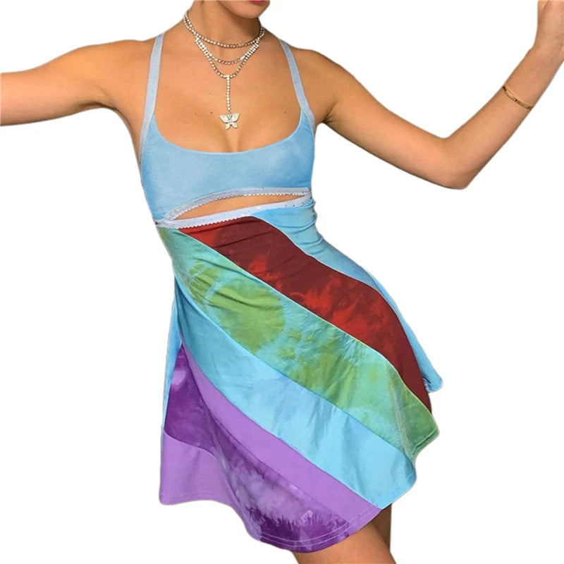 Cut Out Dress Y2k Aesthetic Striped Patchwork Sleevless a Line Mini Dresses 2000s Fairy Grunge Dress
