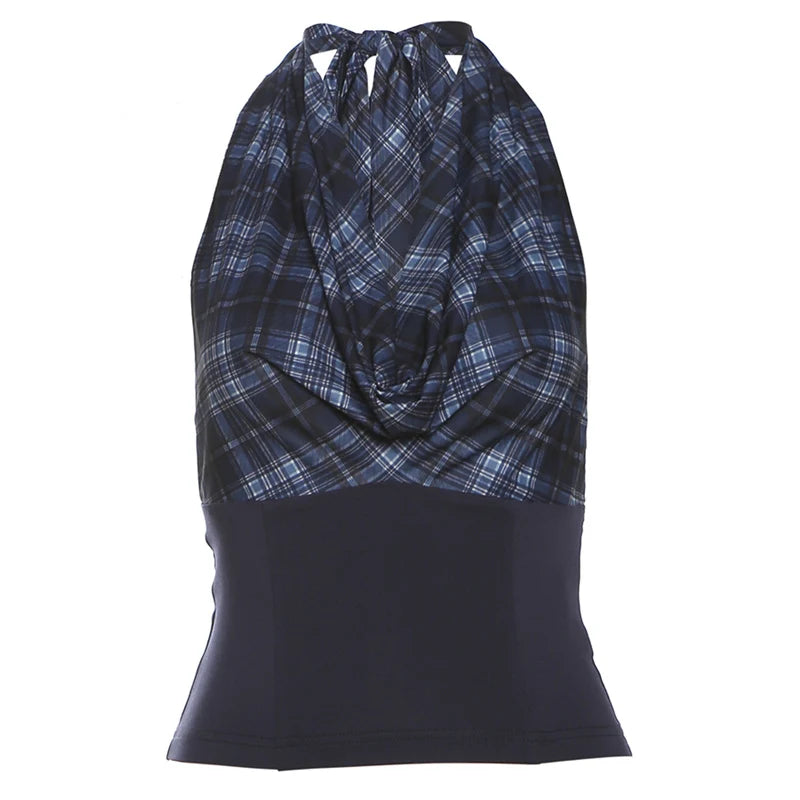 Korean Sleeveless Tank Tops Plaid Y2k Crop Top Female Outdoors Backless Blouse