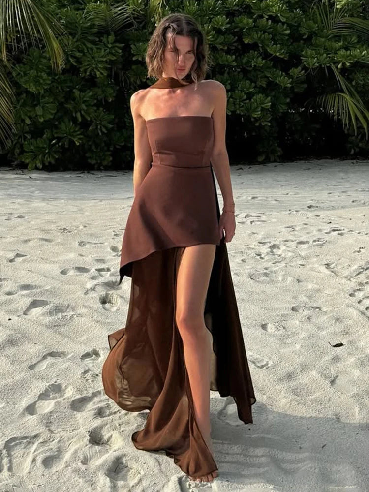 Strapless Ribbon Mesh Beach Midi Dress