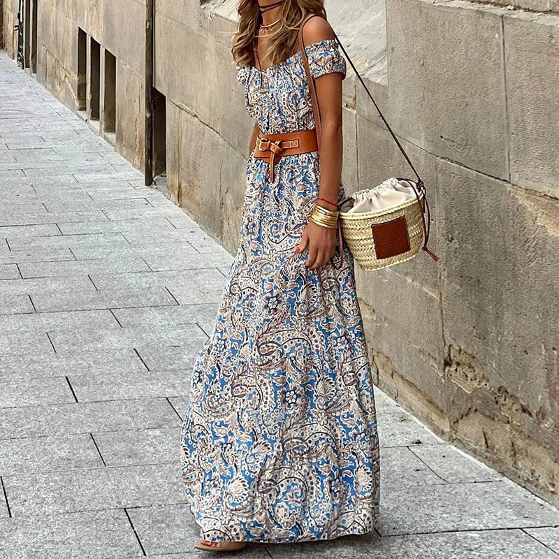 Backless Holiday Beach Long Dress New Off Shoulder High Waist Party Dress Summer Pattern Print Short Sleeve Aline Dress