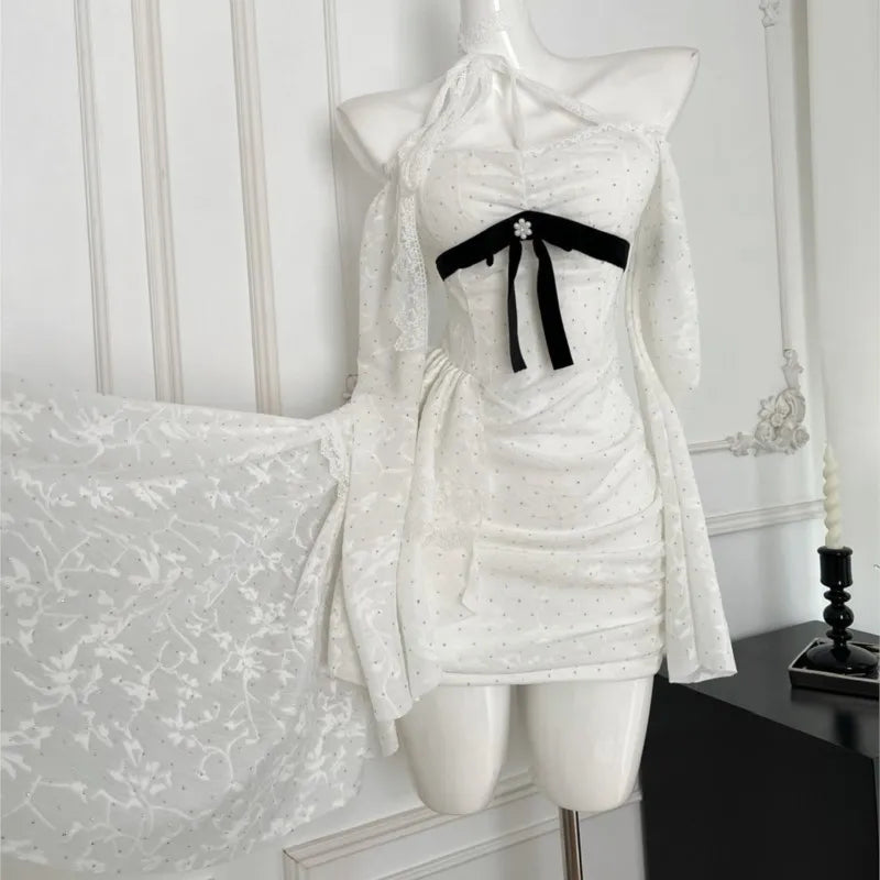 Y2k Lace Bodycon Mini Dresses for Slash Neck Flare Sleeve A-line Birthday Party Short Train Dress Korean Vestidos