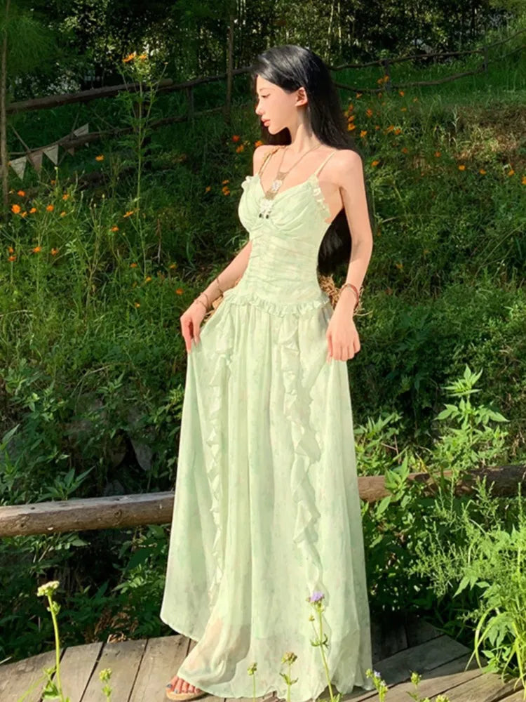 Green Ruffles Sleeveless Bodycon Vneck Summer Holiday Vacation Long Dresses Printed Party Dress Vestidos
