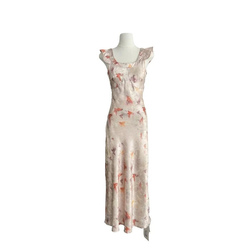 Summer French Midi Dress Office Lady Y2k Causal Retro Party Dress Korean Print Slim Dress New