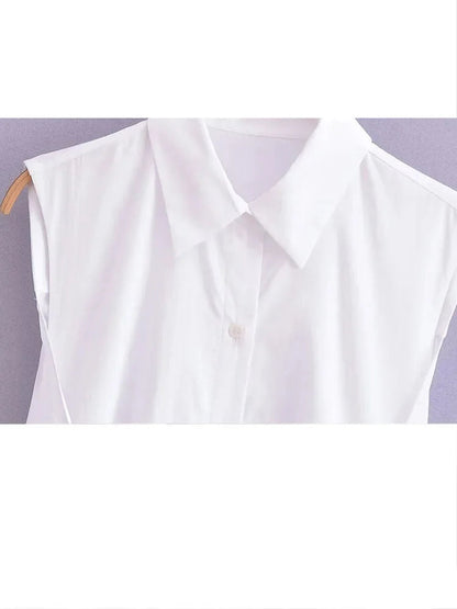 Woman Sleeveless Lace Up Dress Ruched Slim Lapel Shirt Midi Dresses Female Singlebreasted Long Dress