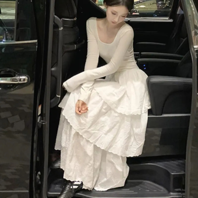 Autumn New Cake Midi Dresses for Long Sleeve U-neck Backless A-line Korean One Piece Vestidos Mujer