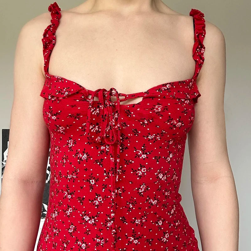 Print Sleeveless Mini Dress Red Fairycore Aline Sundress for Holiday Party Outfits Y2k Robe