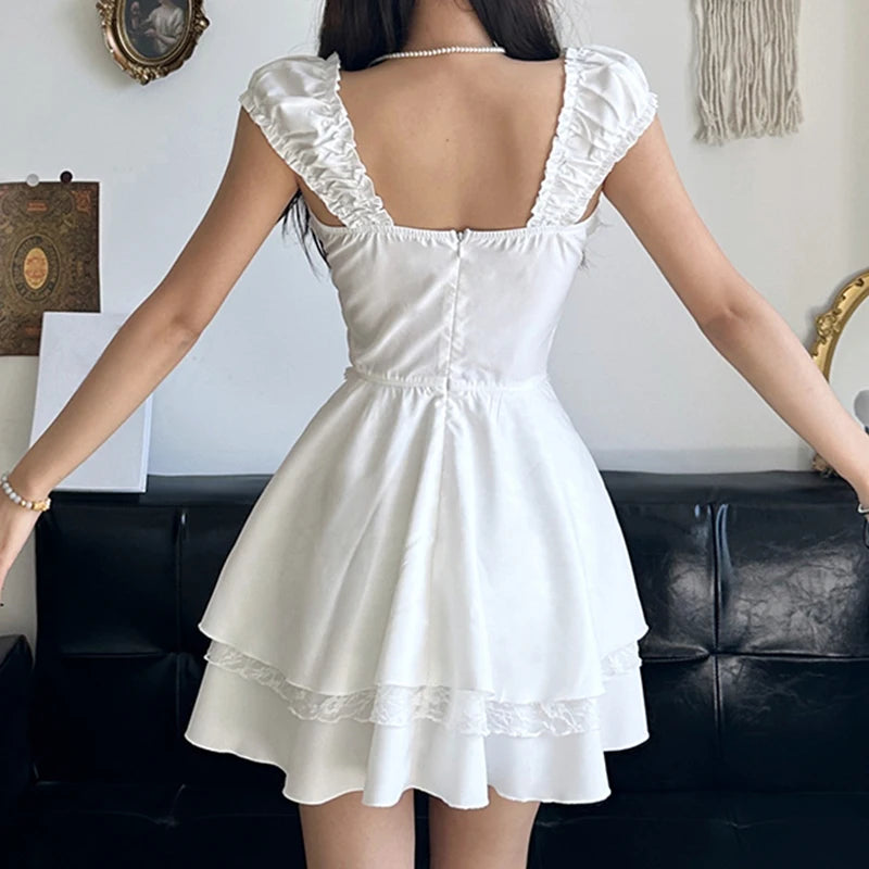 Y2k Contrast Bandage Bow Aline Mini Dress for Holiday Party Coquette Aesthetic Short Sleeve Tiered Dresses Sweet Robe