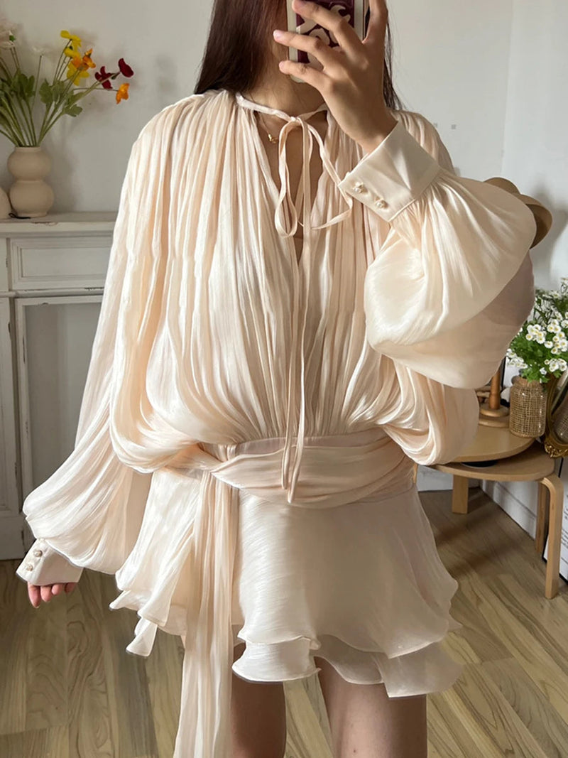Lace Up V Neck Sweet Style Mini Dress