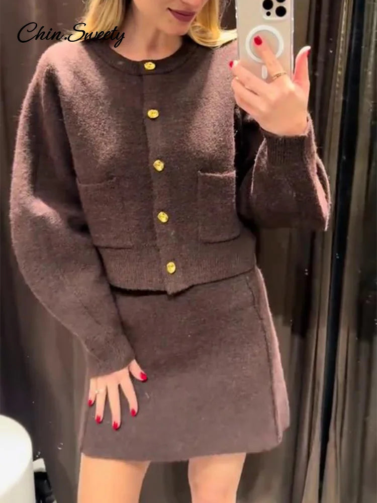 Brown Skirt Suits Knitted O-neck Long Sleeve Metal Button Cardigan High Waist A-line Mini Skirts Spring Lady Outfit