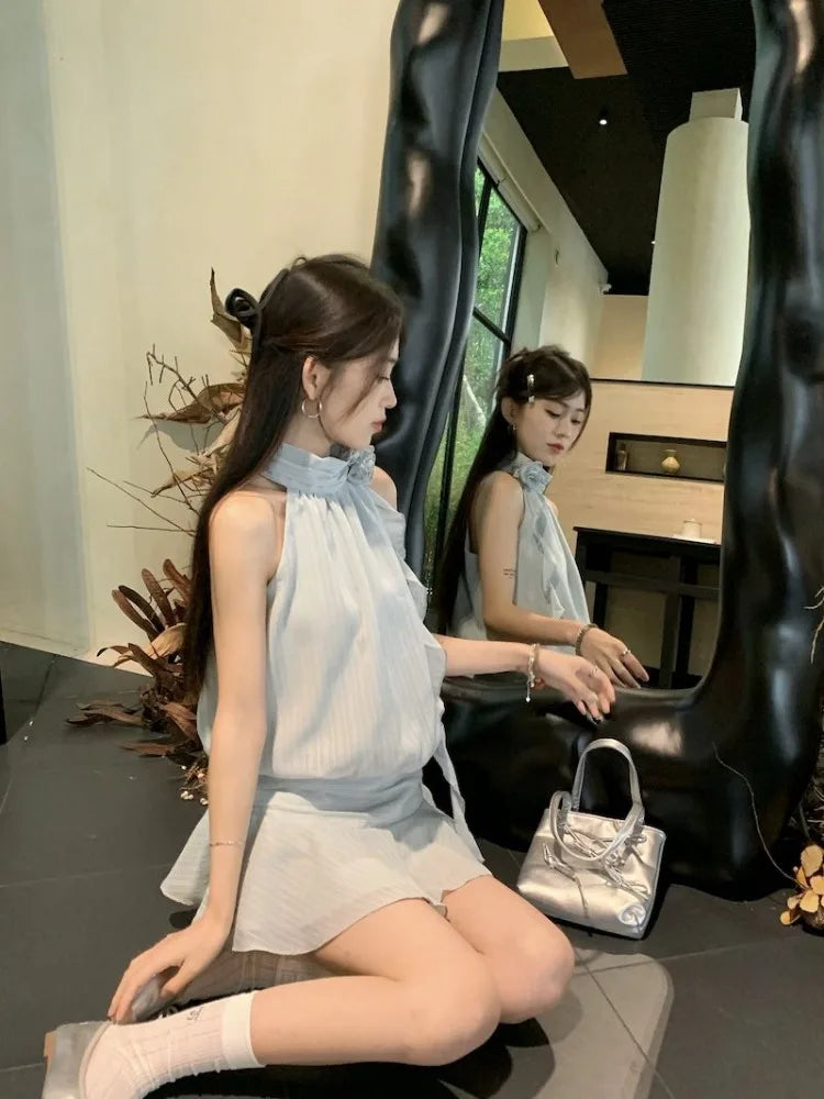 Dresses Sleeveless Striped Halter Flowers Ribbon Sweet Mini Dress Party Female
