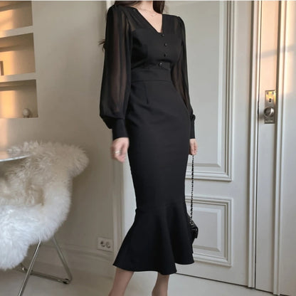 Autumn New Korean Bodycon Midi Dresses for Mesh Patchwork Long Sleeve Fishtail Office Lady Mermaid Party Dress