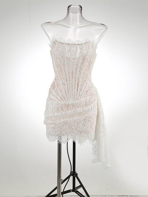 Lace Strapless Mini Dress for Off-shoulder Irregular Ruched Bodycon Night Club Party Dress