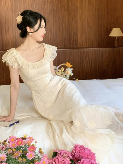 Summer French Midi Dress Ruffles Slim Party Dress Holiday Beach Korean Vestidos
