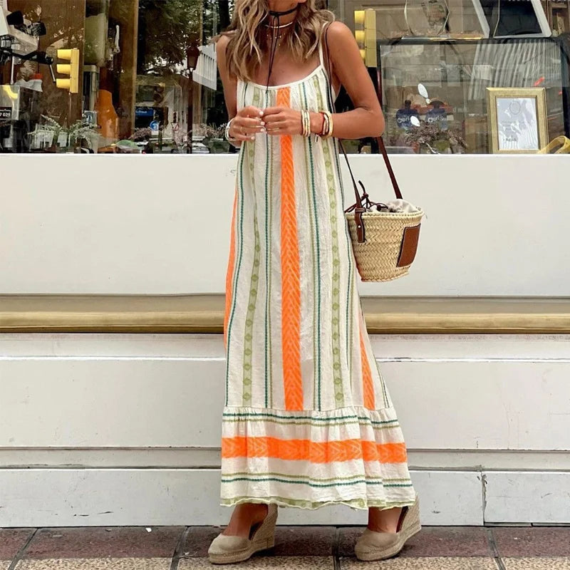 Off Shoulder Loose Beach Dress Summer Striped Print Sleeveless Long Dress O Neck Slash Neck Holiday Dresses