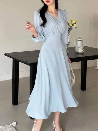 Korean Autumn Midi Dresses for Long Sleeves V-neck A-line Dress Office Lady Clothing New