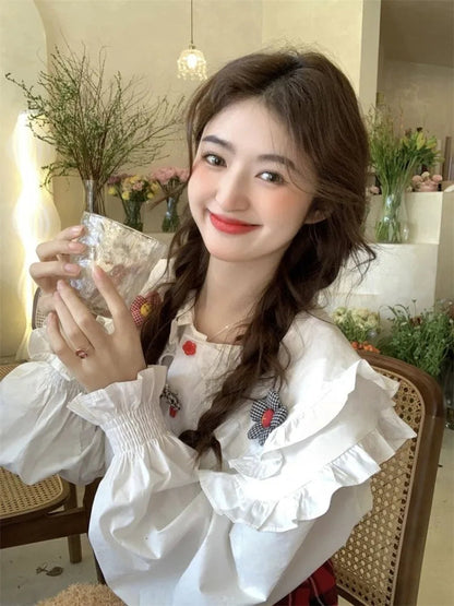 Sweet Clothing Korean Shirts Peter Pan Collar 3d Flower Tops Spring Blouse