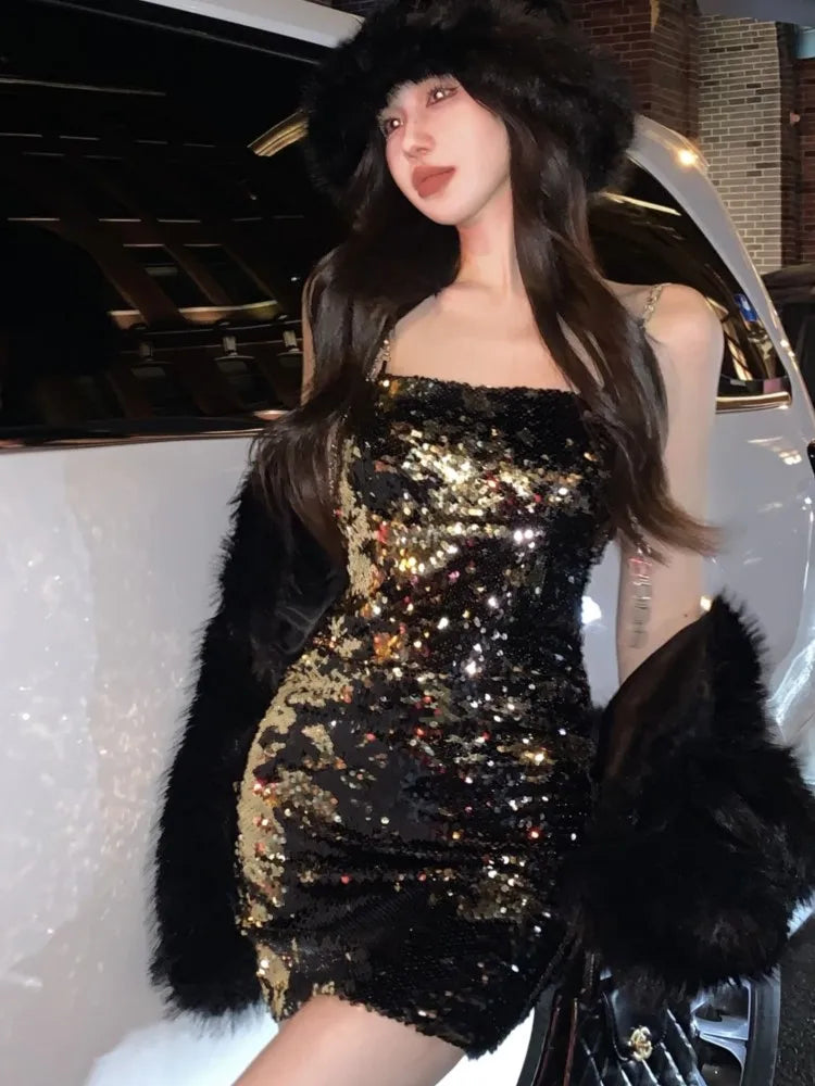 Mini Dress Autumn Winter Trend Sequins Spaghetti Strap Dresses Slim Hot Girl Evening Party Clothing