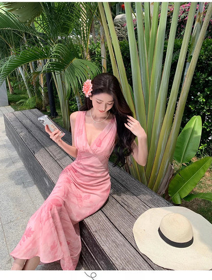 Print Long Dresses Vneck Sleeveless Bodycon Evening Party Dress New Slim Waist Vestidos Mujer New Robe