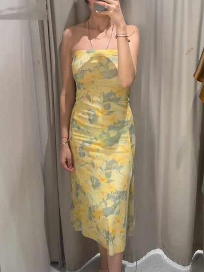 Summer Printed Tube Long Dress for Woman Strapless Slit Slim Fit Dresses Female Tulle Dress