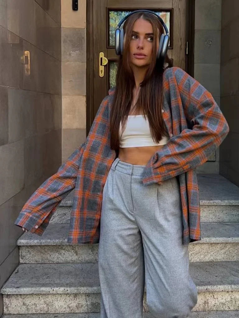 Summer Oversized Plaid Shirt Long Sleeve Loose Fit Blouse Autumn Female Office Shirt Tops for Woman