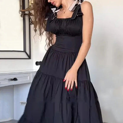 Dresses Summer Square Neck Bow Strap Sleeveless Black Pleated Party Long Dress