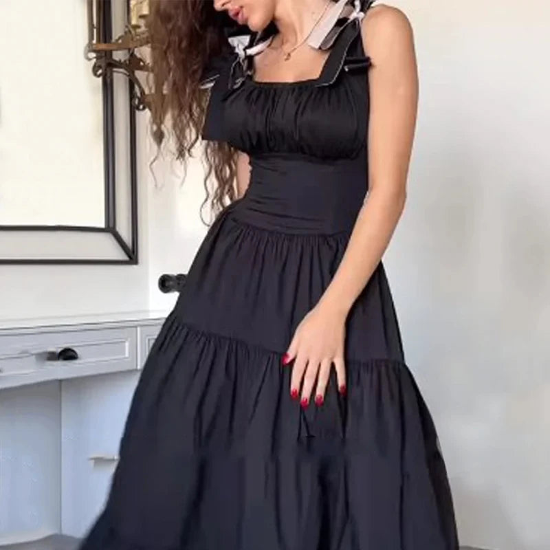 Dresses Summer Square Neck Bow Strap Sleeveless Black Pleated Party Long Dress