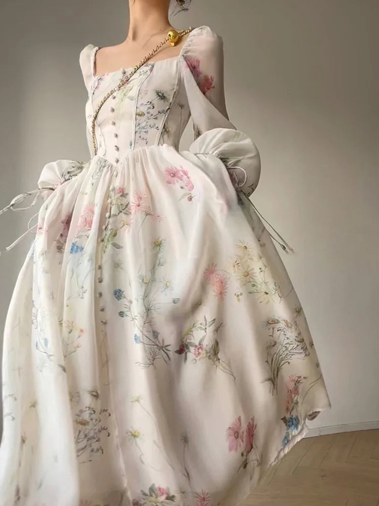 Vinatge Long Dresses Spring Summer French Aline Beach Dress Lantern Sleeve Evening Party Prom Robe Vestidos