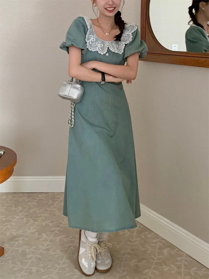 Princess Gentle Maxi Dress Slimfit Summer Short Sleeve Sweet Office Lady All Match Daily