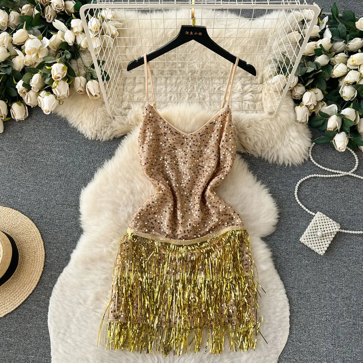 French High End Strap Glitter Camisole Dress Female Spicy Girl Slimming Tassel Splicing Sleeveless Aline Midi Dress for