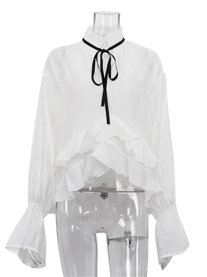Bandage See-through Chiffon Shirts Pullover for Cover Up Patchwork Summer Lace-up ’s Blouse Top