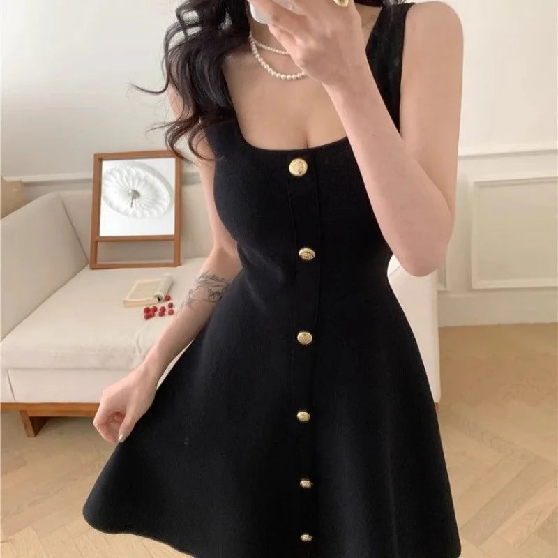 Knitted Aline Dresses Buttons Sleeveless Spring Summer Mini Dress Korean Sweet Vestidos Mujer