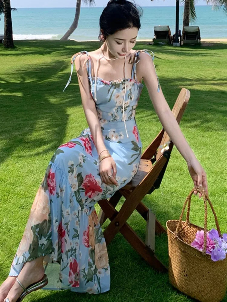 French Style Print Dresses Spaghetti Strap Bodycon Party Long Dress Summer Holiday Beach Vestidos Robe New