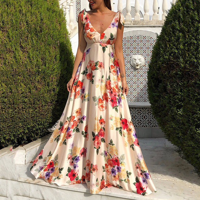 Flower Print Bowknot Leace-up Sleeveless Long Dresses V-neck Backless Evening Party Maxi Dress Spring Summer New