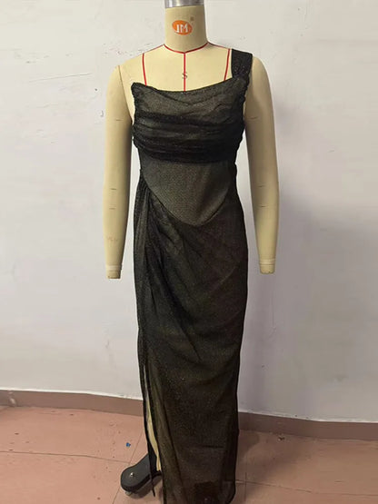 Sequin Single Shoulder Long Dress Glitter Pleated Sleeveless Tube Dresses Female Spring Evening Holiday